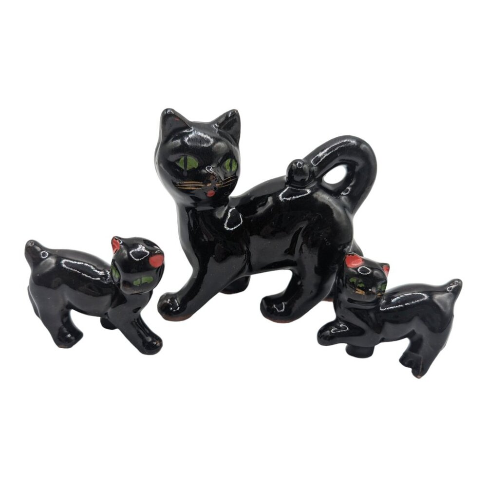 Vintage Ceramic Black Cats Mama with Two Kittens Kitschy Figurines MCM Redware - Picture 13 of 13